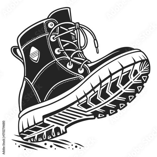 A black and white illustration of a sturdy hiking boot with a thick lug sole shown in profile with laces tied and the toe angled upwards kicking up dust and dirt