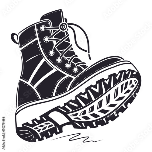 A detailed black and white illustration of a sturdy hiking boot with laces and a thick tread sole isolated on a white background representing adventure and outdoor exploration