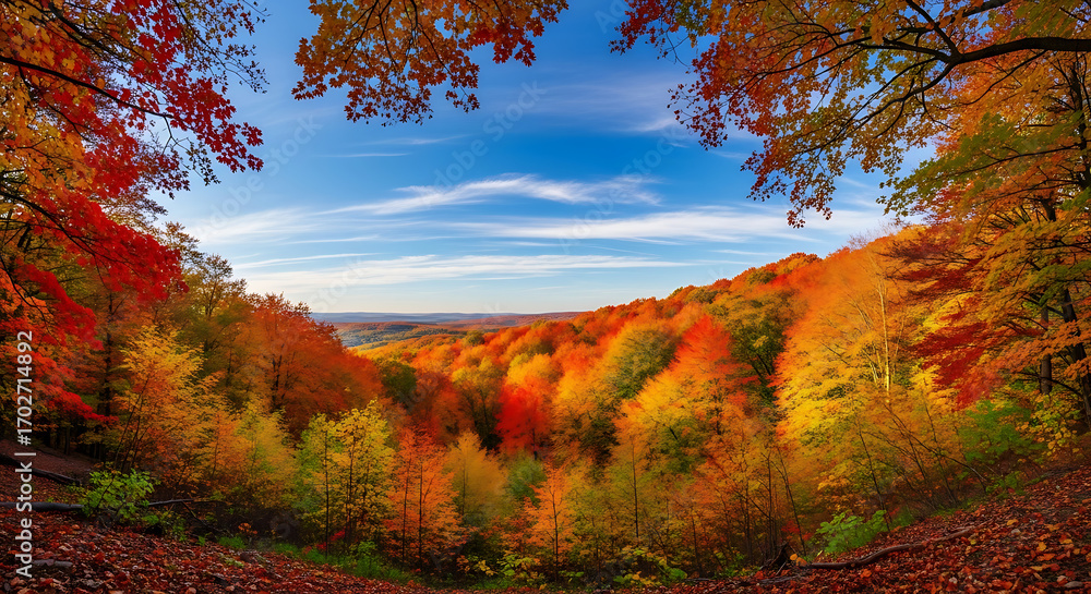 Fototapeta premium Autumn landscape: vibrant fall foliage blankets a valley under a bright blue sky.