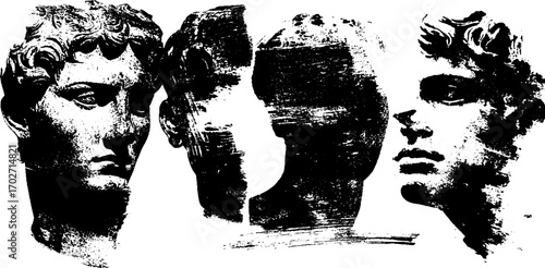 Urban graffiti art: monochrome silhouettes of classical statues for posters and design