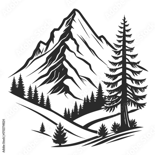 A stark black and white silhouette of a majestic mountain range rises behind a dense forest of pine trees with a prominent tall evergreen in the foreground