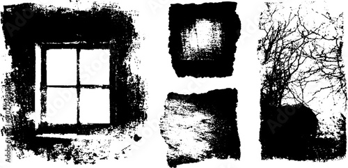 Black ink silhouette set featuring urban grunge backgrounds with window and bare trees