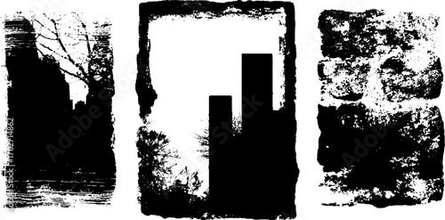 Black ink silhouette set of urban backgrounds with grunge texture for creative design