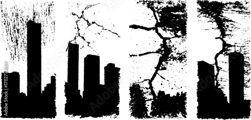 Black ink silhouette urban backgrounds with rough texture for grunge designs
