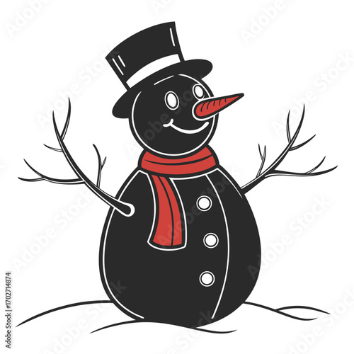A cheerful black snowman wearing a red scarf and a black top hat stands in the snow with twig arms outstretched perfect for winter holiday designs