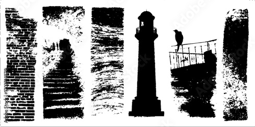 Black ink silhouette set with urban themes and lighthouse design for creative projects