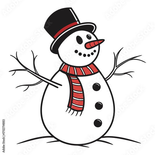 A cheerful cartoon snowman wearing a black top hat with a red band and a red striped scarf standing on snow with stick arms perfect for winter holiday designs