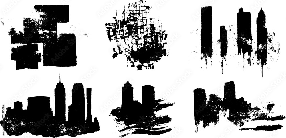 Fototapeta premium Black ink silhouette set of urban maps and city skylines for design projects