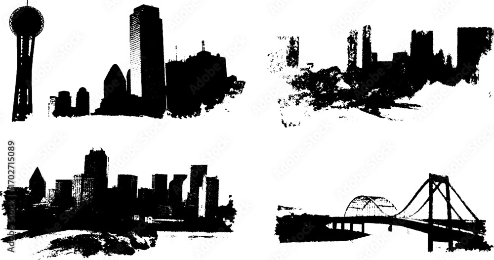 Fototapeta premium Black ink silhouette set of urban panoramas with skyscrapers and bridges