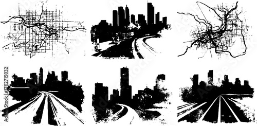 Black ink silhouette set of urban maps and city skylines for design use