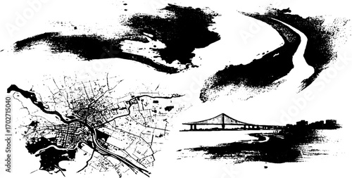 Urban ink silhouette set: city maps and bridges for creative design