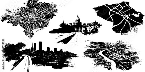 Black ink silhouette of urban maps and cityscapes for creative design concepts