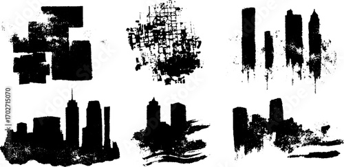 Black ink silhouette set of urban maps and city skylines for design projects