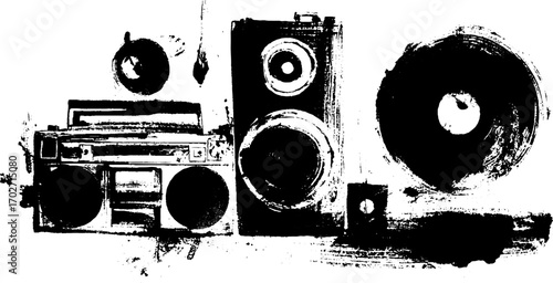 Urban music vibe: black ink silhouette of boombox and speakers for street art design