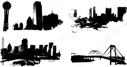 Black ink silhouette set of urban panoramas with skyscrapers and bridges