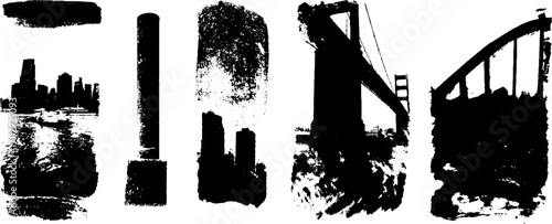 Black ink silhouette collection of urban panoramas and iconic bridges for creative design