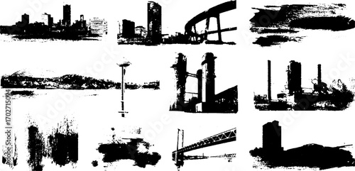 Black ink silhouette collection of urban panoramas and skylines