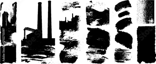 Black ink silhouette collection of urban panoramas and skyline elements for design use