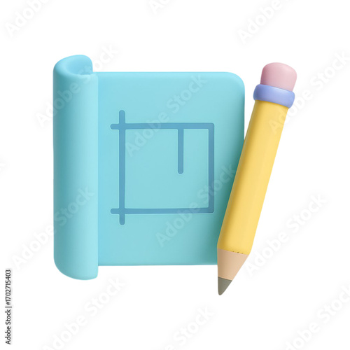3d blueprint and pencil icon isolated on transparent background