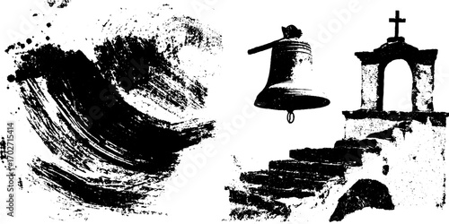 Black ink silhouette set featuring urban sketch elements of church architecture