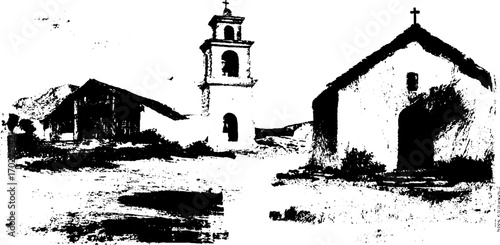 Black ink silhouette of urban church and building sketches for design