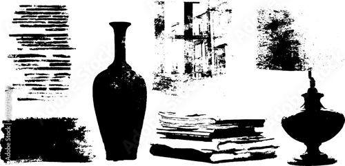 Urban grunge silhouettes: black ink sketches of library elements for creative design