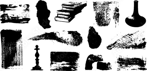 Black ink silhouette set featuring urban sketches and grunge textures