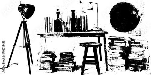 Black ink silhouette of urban library scene with books and lamp
