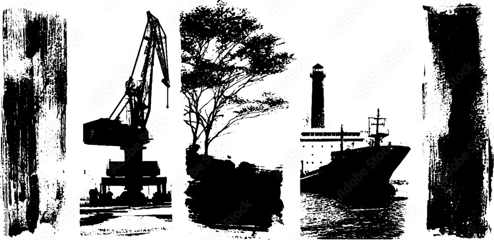 Obraz premium Black ink silhouette of urban port scene with ship and crane for design projects