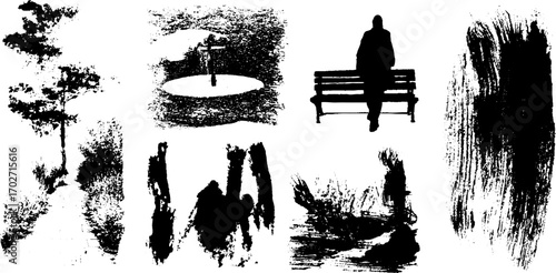 Urban park silhouette set: trees, bench, and abstract ink sketches for art projects