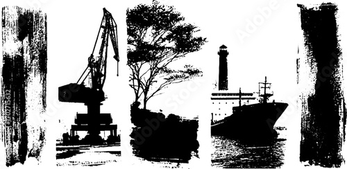 Black ink silhouette of urban port scene with ship and crane for design projects