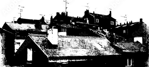 Black ink silhouette of urban rooftops sketch for artistic design