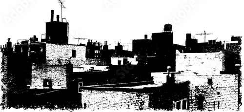 Black ink silhouette of urban rooftops with grunge aesthetic for poster design