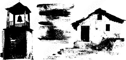 Black ink silhouette of urban structures with grunge elements for artistic design