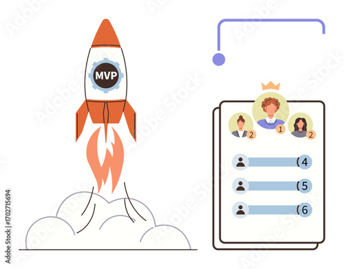 Rocket labeled MVP launches amid smoke while a leaderboard highlights top-ranked individuals. Ideal for success, competition, leadership, innovation, teamwork, gamification, motivation. Simple flat