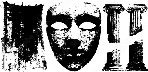 Dramatic urban theater silhouettes with mask and columns