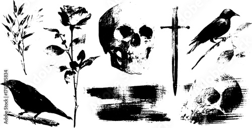Urban tattoo ink silhouette set with rose, skull, raven, and sword for creative design