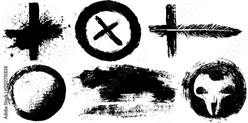 Grunge black ink silhouette symbols and crosses for urban tattoo design
