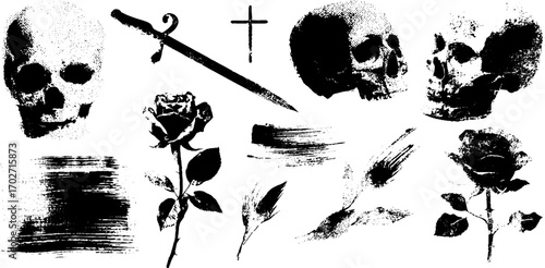 Urban tattoo design collection with skulls, sword, rose, and cross elements