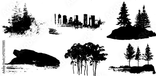 Black ink silhouette collection of urban and nature textures for creative design