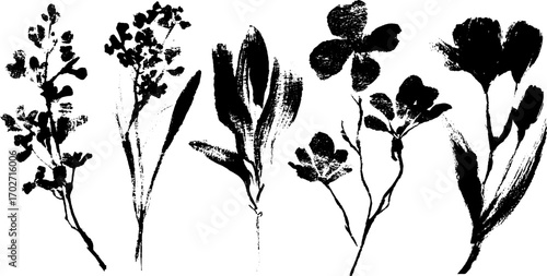 Baroque floral silhouette vignettes in black ink for elegant design projects