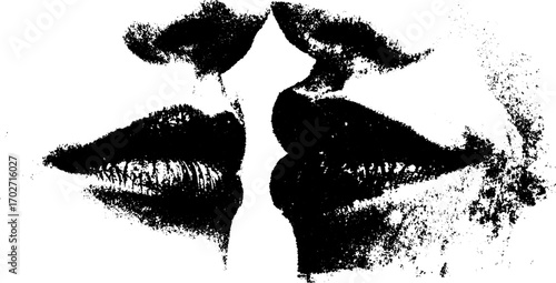 Vintage black ink silhouette of lips with grunge texture for urban art design