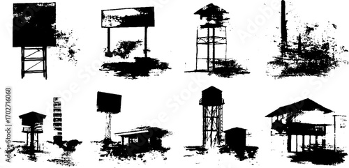 Black ink silhouette set of vintage cinema screens and structures for urban art design