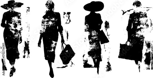 Vintage 1920s fashion silhouettes in black ink for retro design