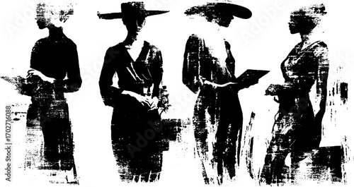 Vintage 1920s fashion silhouette set with black ink style for retro design