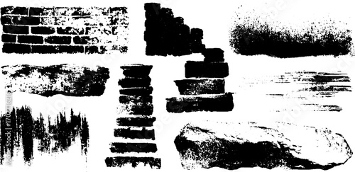 Black ink silhouettes of brick walls and rough textures for urban art designs