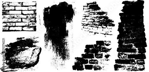 Black ink silhouette set featuring brick wall textures for urban grunge design