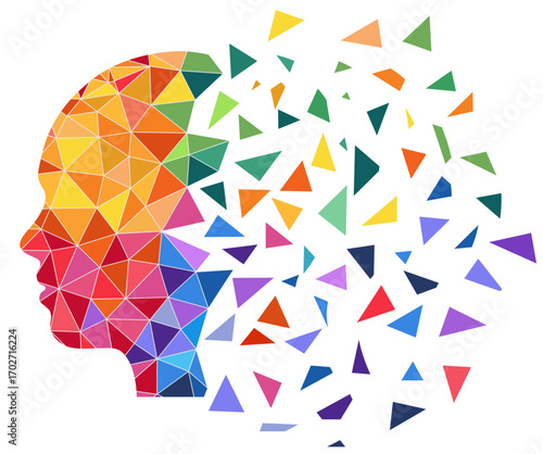 A colorful geometric silhouette of a human head composed of triangular shapes, part of which breaks down into individual fragments, isolated on a white background.
