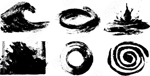 Black ink silhouette set featuring dynamic water elements and waves for creative designs