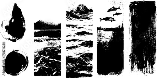 Set of black ink silhouettes featuring ocean waves and marine elements for creative designs